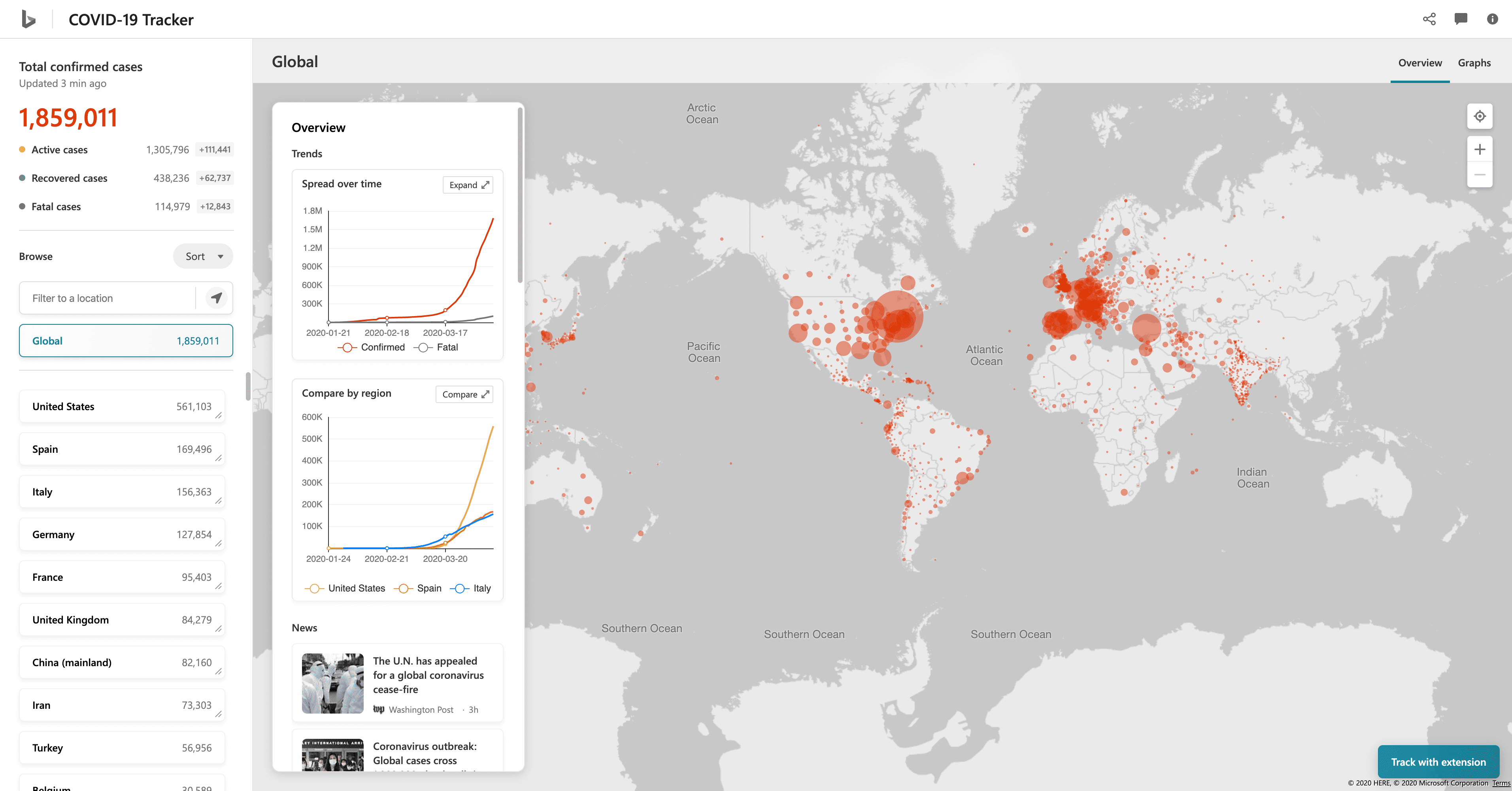 Coronavirus COVID-19 live map tracker from Microsoft Bing