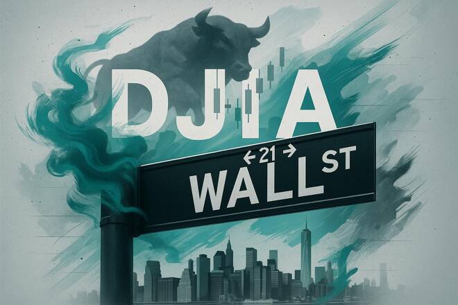 Panel con Wall Street, el DJIA y un toro