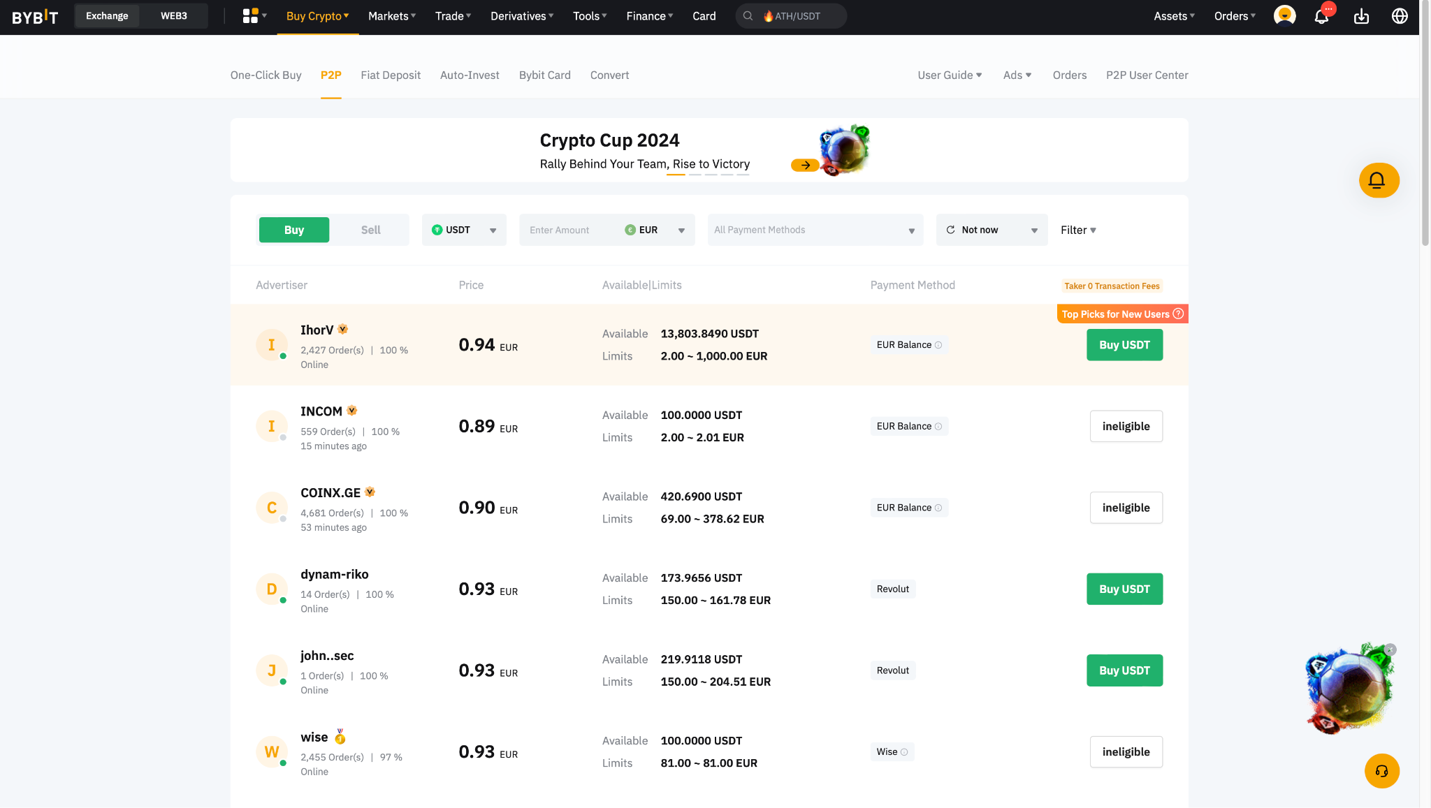 Interfaz de trading P2P en Bybit