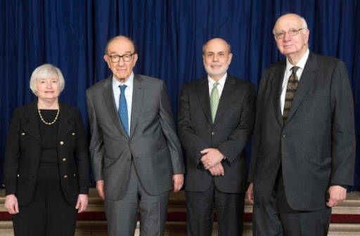 Janet Yellen, Alan Greenspan, Ben Bernanke y Paul Volcker.