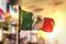 Mexico Flag Against City Blurred Background At Sunrise Backlight