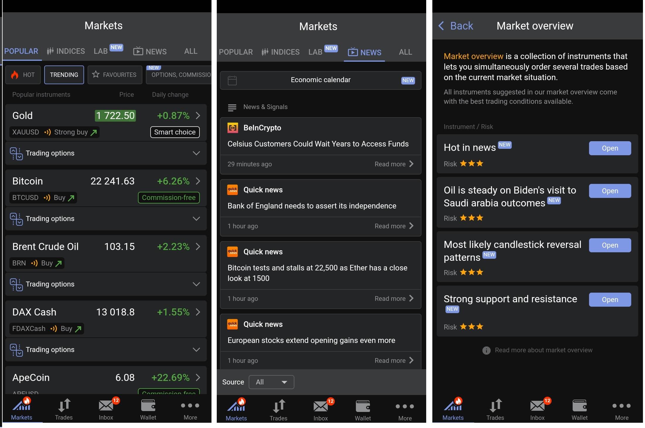 Una lista de seguimiento de instrumentos disponibles (a la izquierda), la sección con las últimas noticias (en el medio), y análisis de mercado (en la derecha)