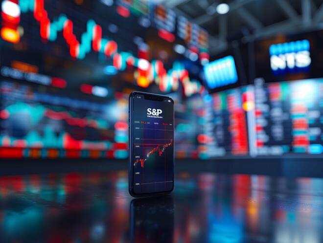 S&P en un móvil, sala de trading de fondo. FX Empire