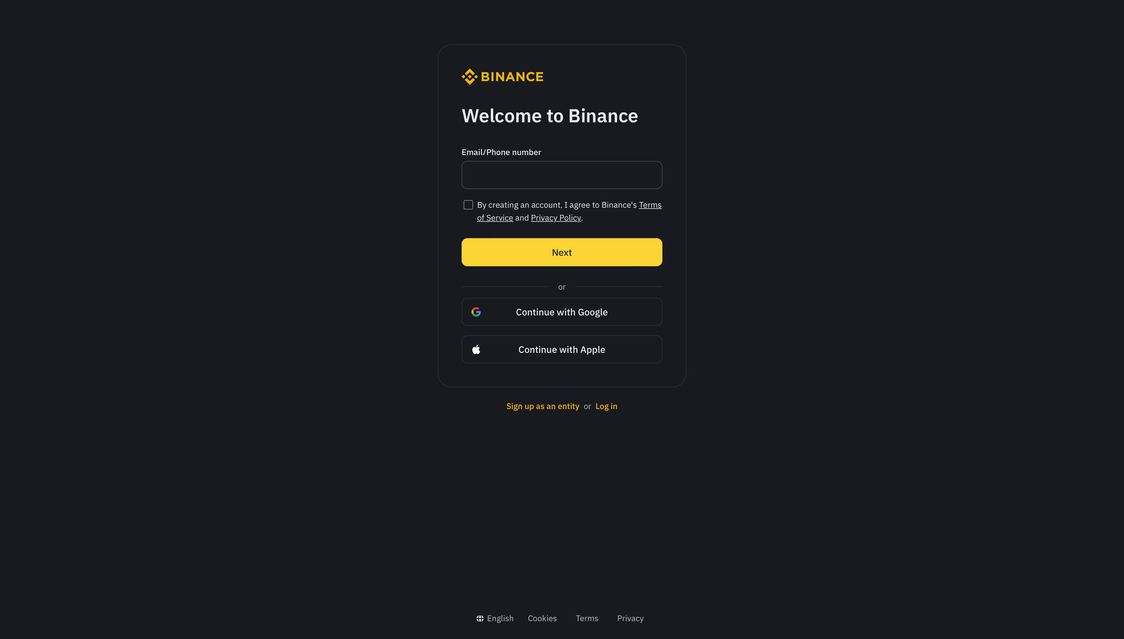 Página de registro de Binance