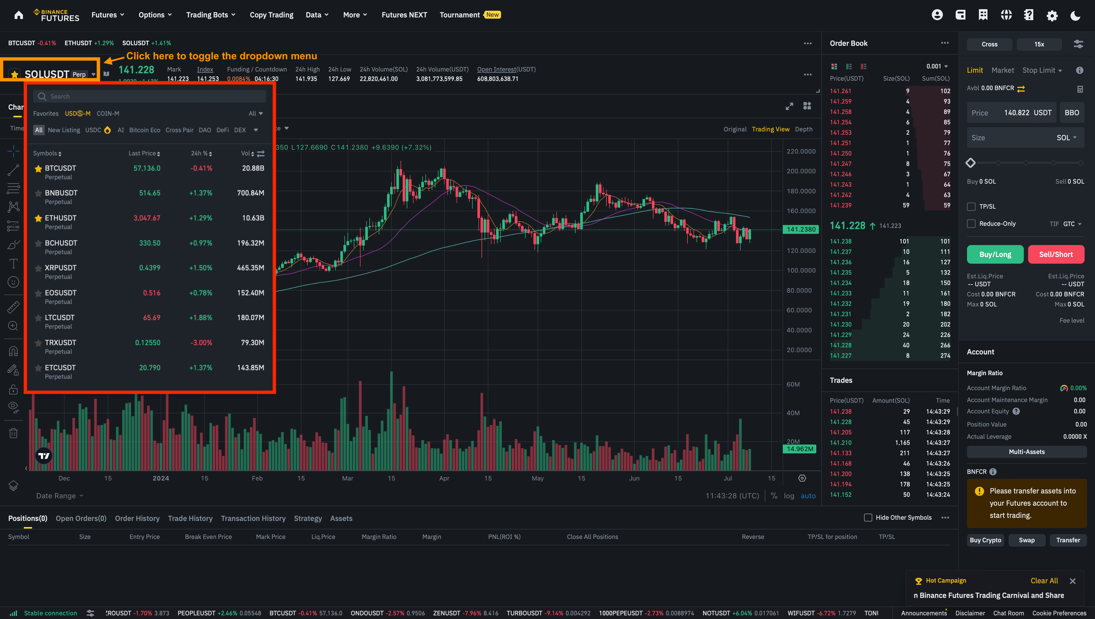 Búsqueda de mercados en la plataforma de escritorio de Binance