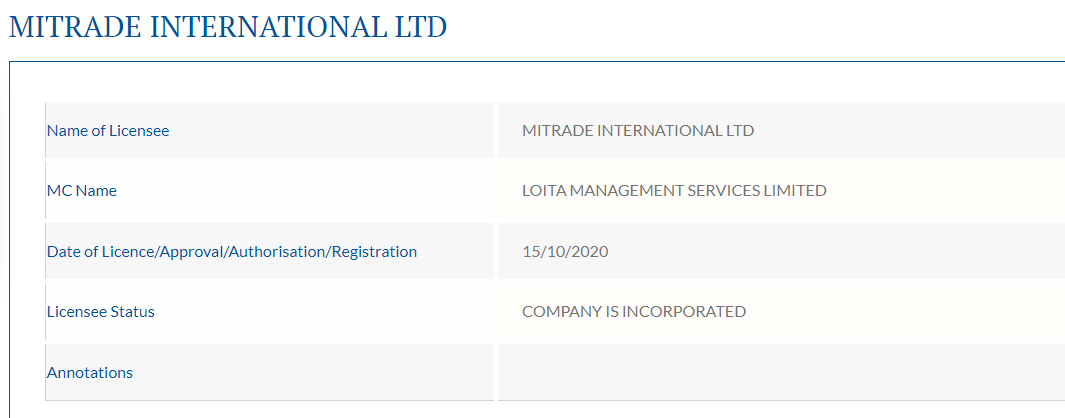 Registro de la licencia de Mitrade en la FSC.