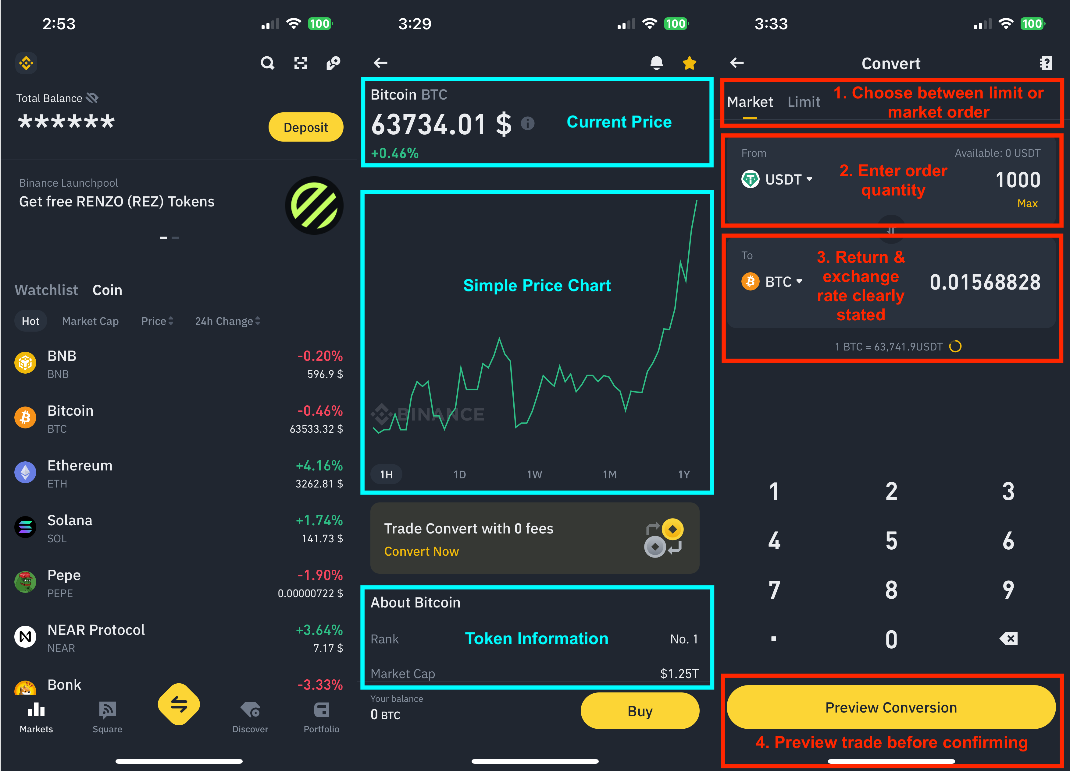 Interfaz móvil de Binance Lite