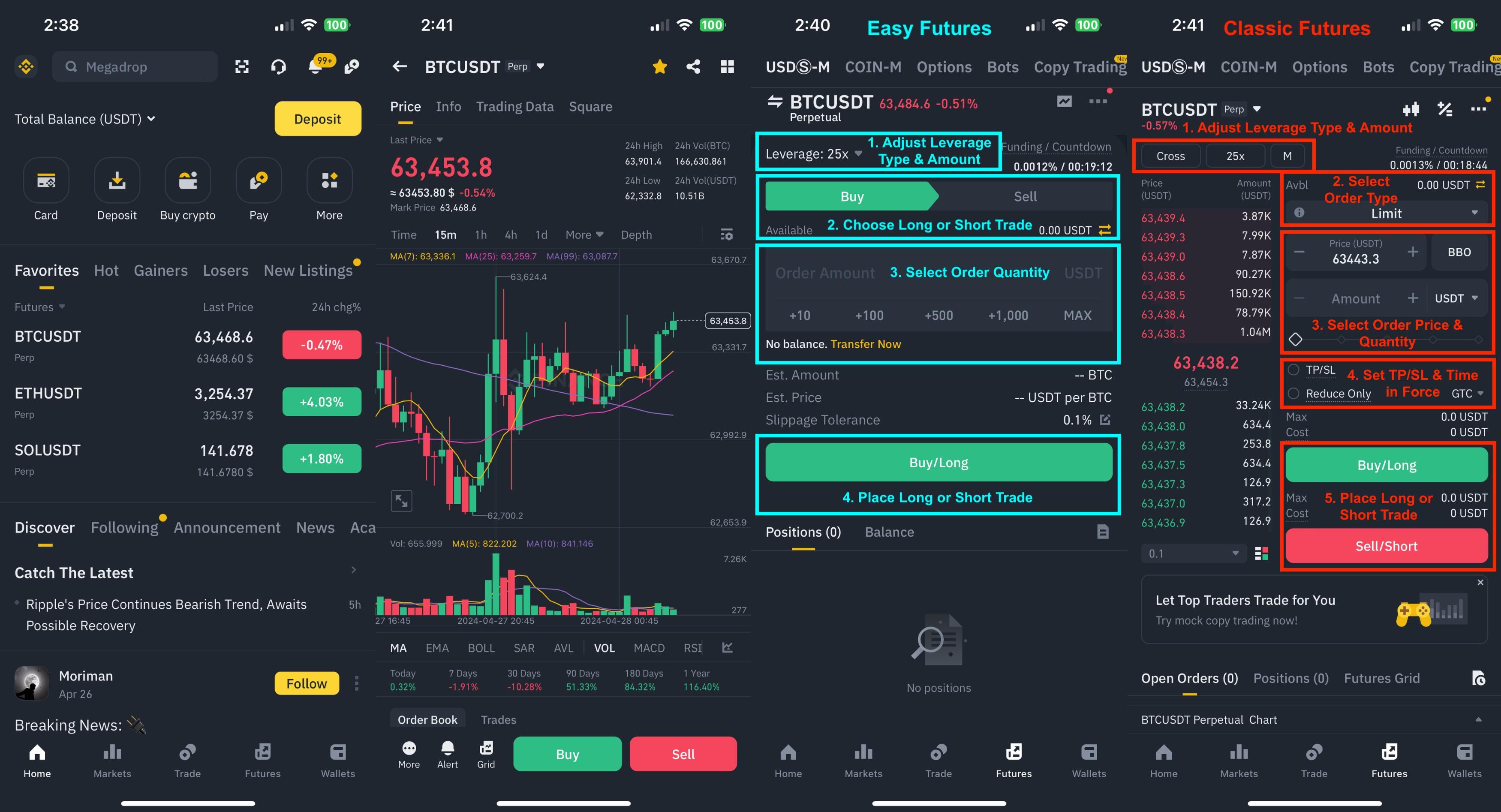 Interfaz móvil de Binance Pro y las interfaces fácil y clásica en futuros