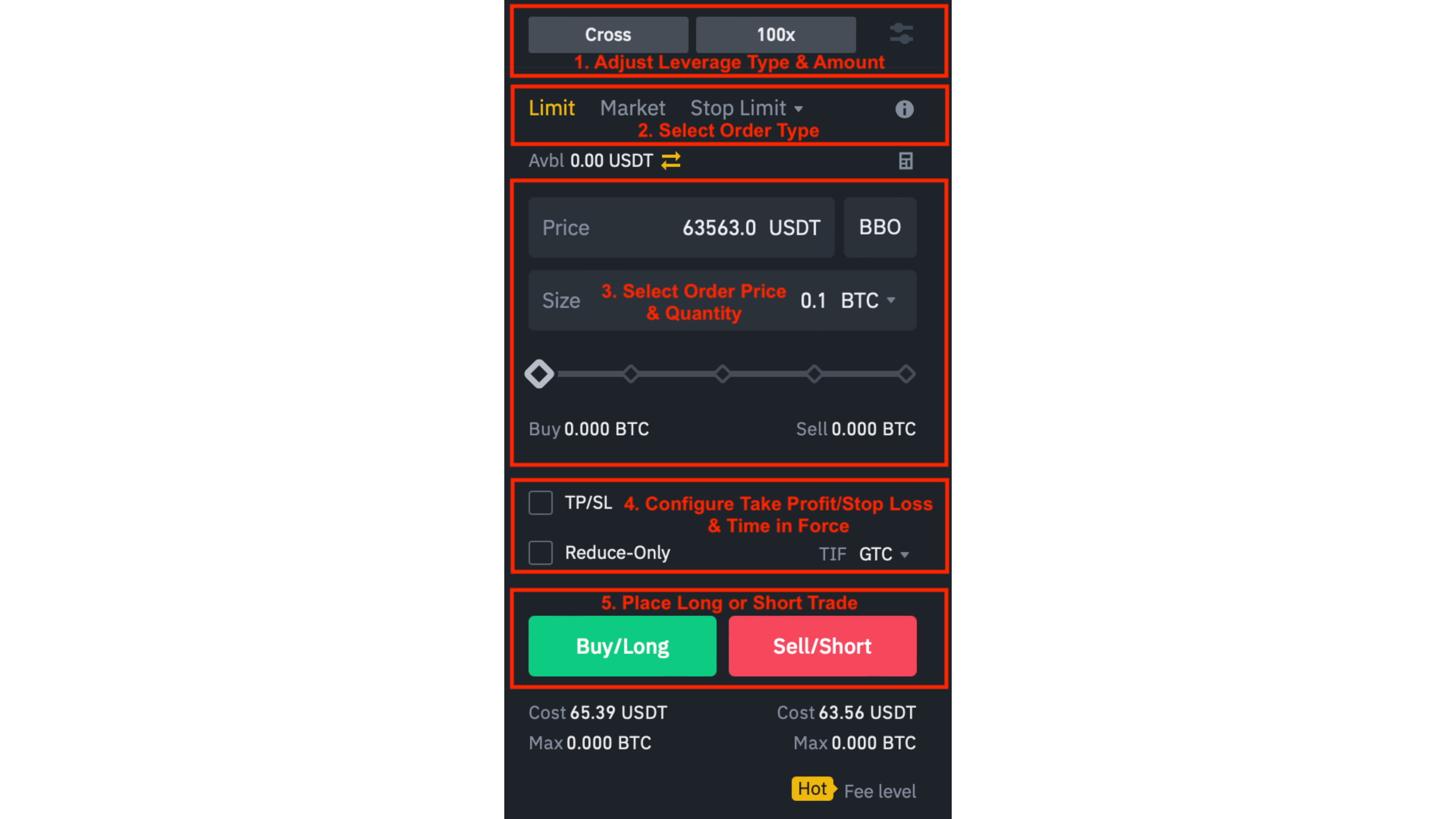 Formulario de una orden en la plataforma de escritorio de Binance
