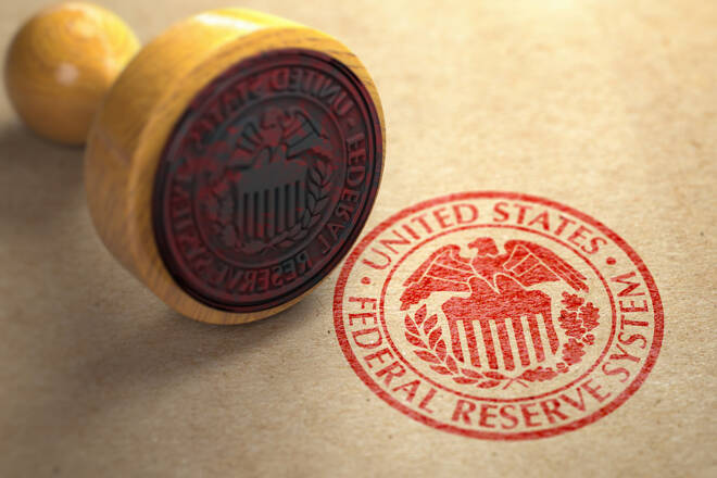 Federal reserve system FED symbol stamp on craft paper.