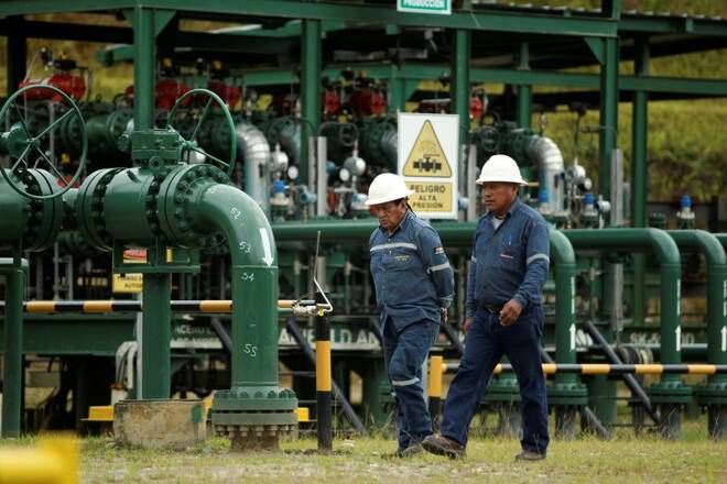 FOTO DE ARCHIVO: Imagen referencial de técnicos de campos petroleros caminando en un campo petrolero de la empresa estatal ecuatoriana Petroamazonas, en Yasuní