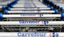 The logo of French retailer Carrefour on shopping trolleys in Sao Paulo