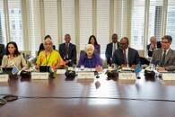 FOTO DE ARCHIVO. La secretaria del Tesoro de Estados Unidos, Janet Yellen, celebra una mesa redonda con ministros de Finanzas de países prestatarios y accionistas en el edificio del Fondo Monetario Internacional, en Washington, D.C., EEUU