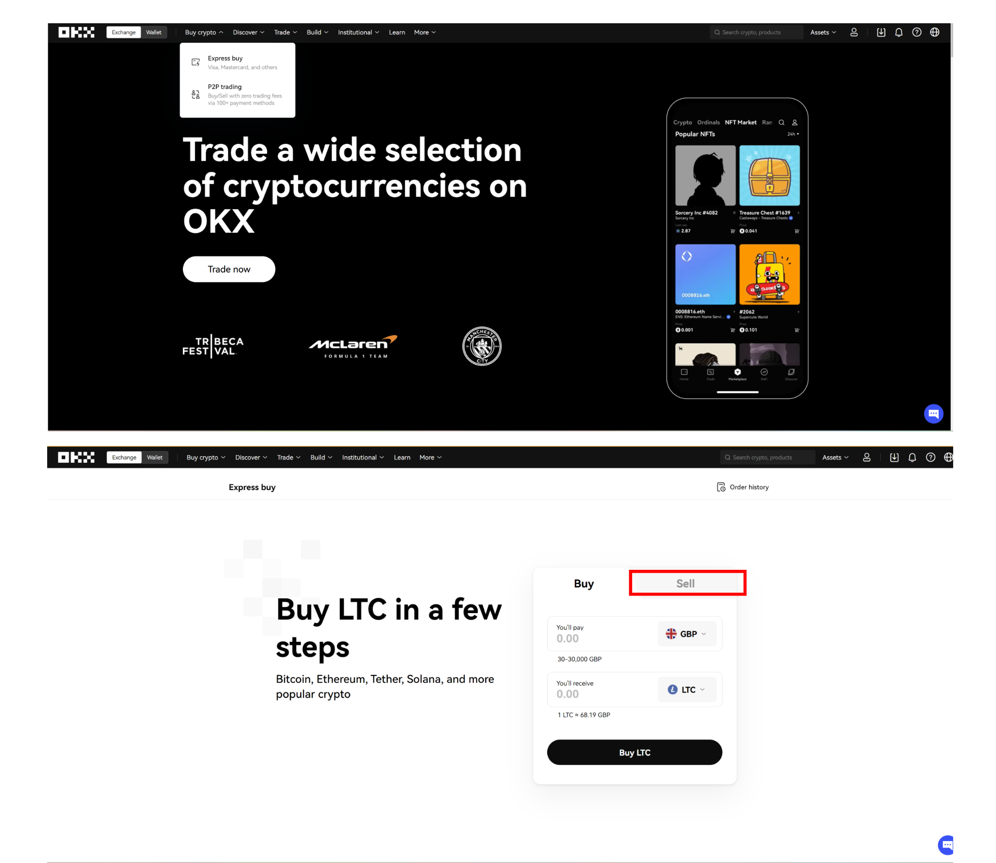 Interfaz de compra y venta de OKX
