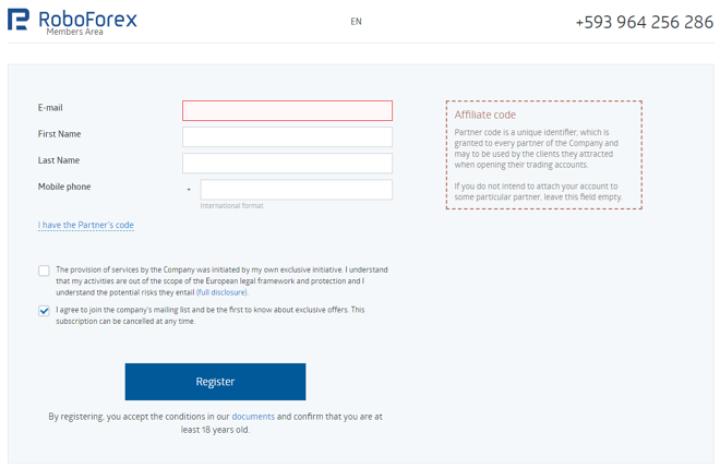 Formulario de registro de cuenta de RoboForex