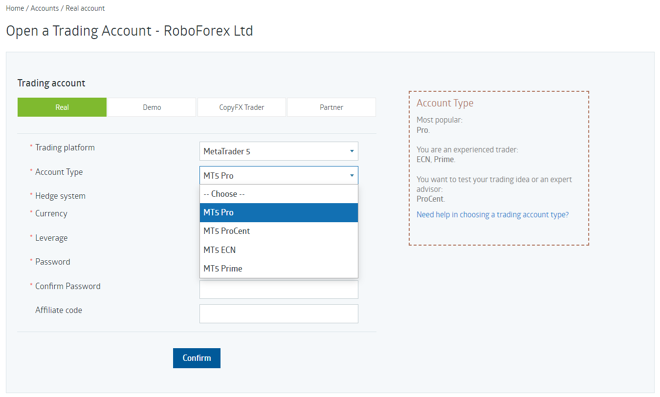 Formulario de registro de cuenta de RoboForex (continuación)