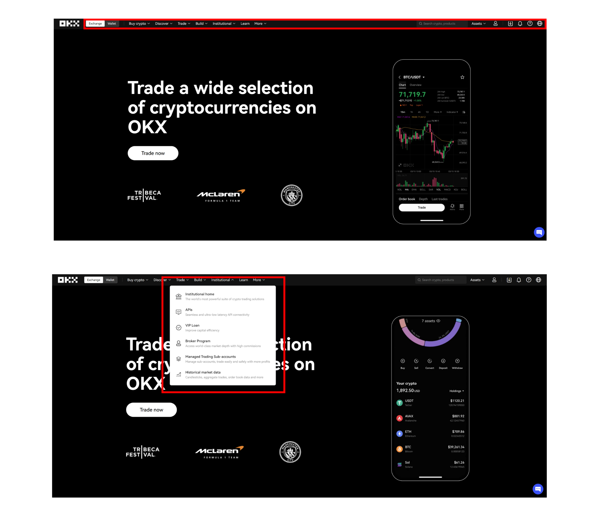 Navegación y pantalla de inicio de OKX