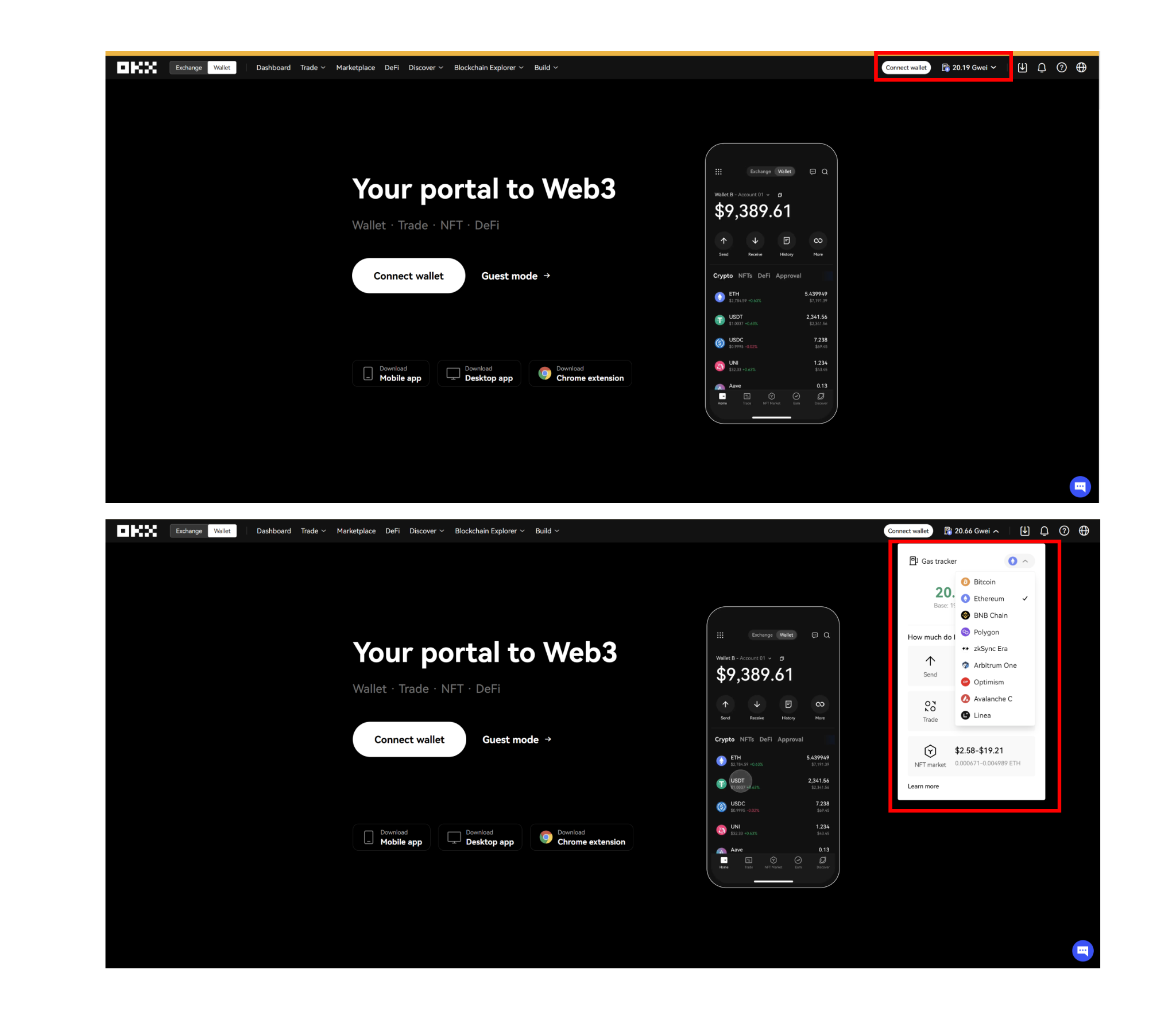 Navegación y pantalla de inicio de OKX