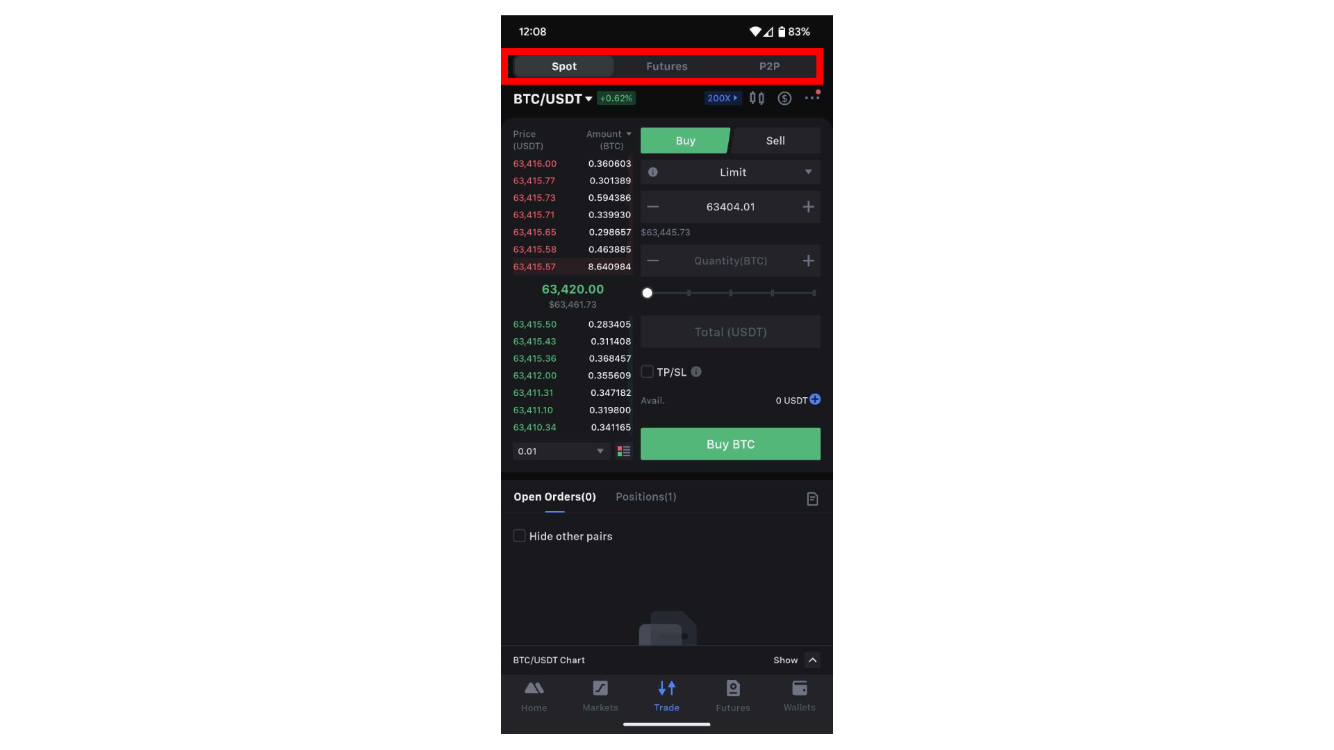 Interfaccia di trading spot nell’app