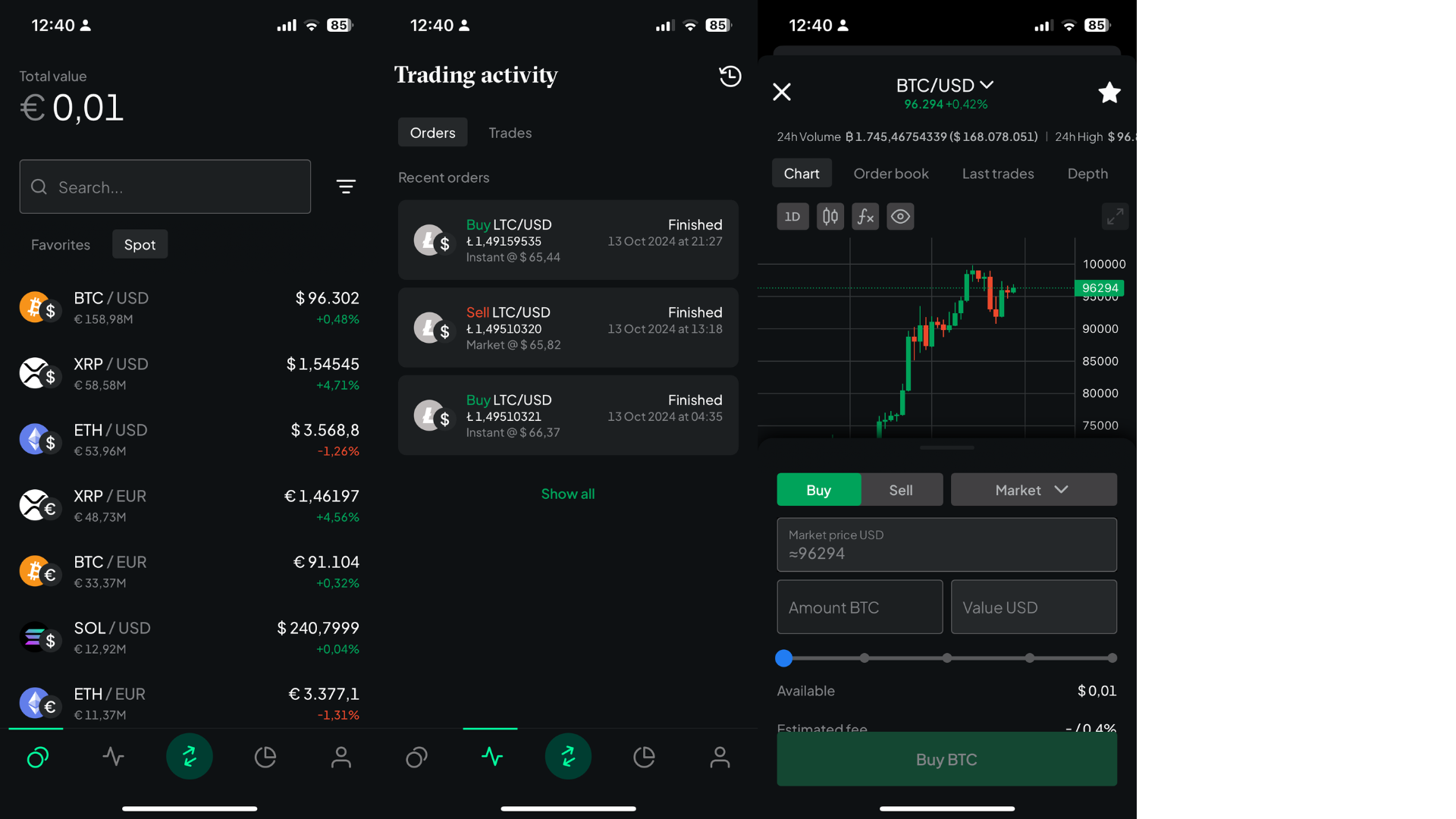 Interfaccia Bitstamp Pro mobile