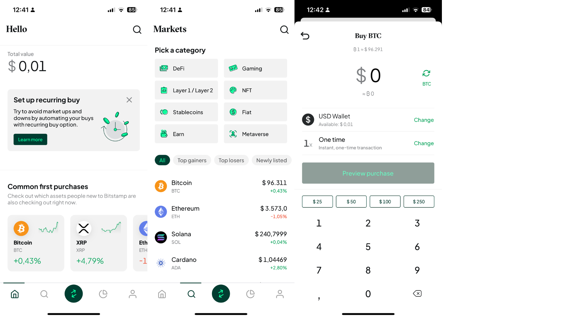 Interfaccia mobile di Bitstamp Basic