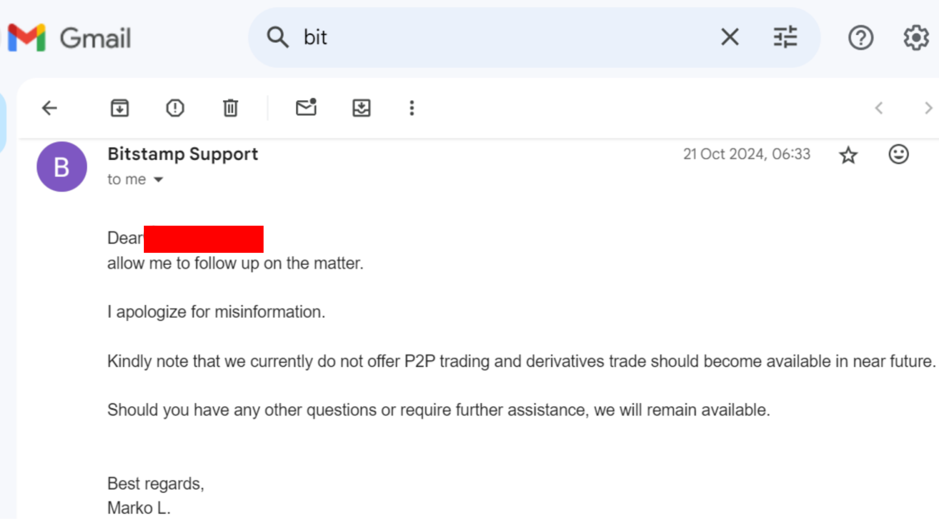Risposta del servizio clienti di Bitstamp