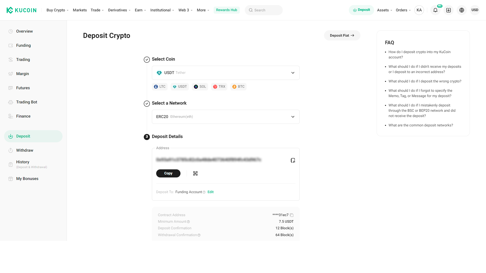 Quando depositi criptovalute su KuCoin, il sistema genera un indirizzo wallet gratuito