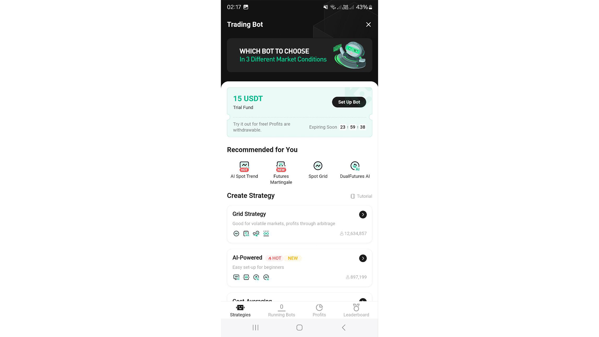 KuCoin Mobile offre una serie di bot di trading leggermente diversi da quelli offerta nella versione desktop