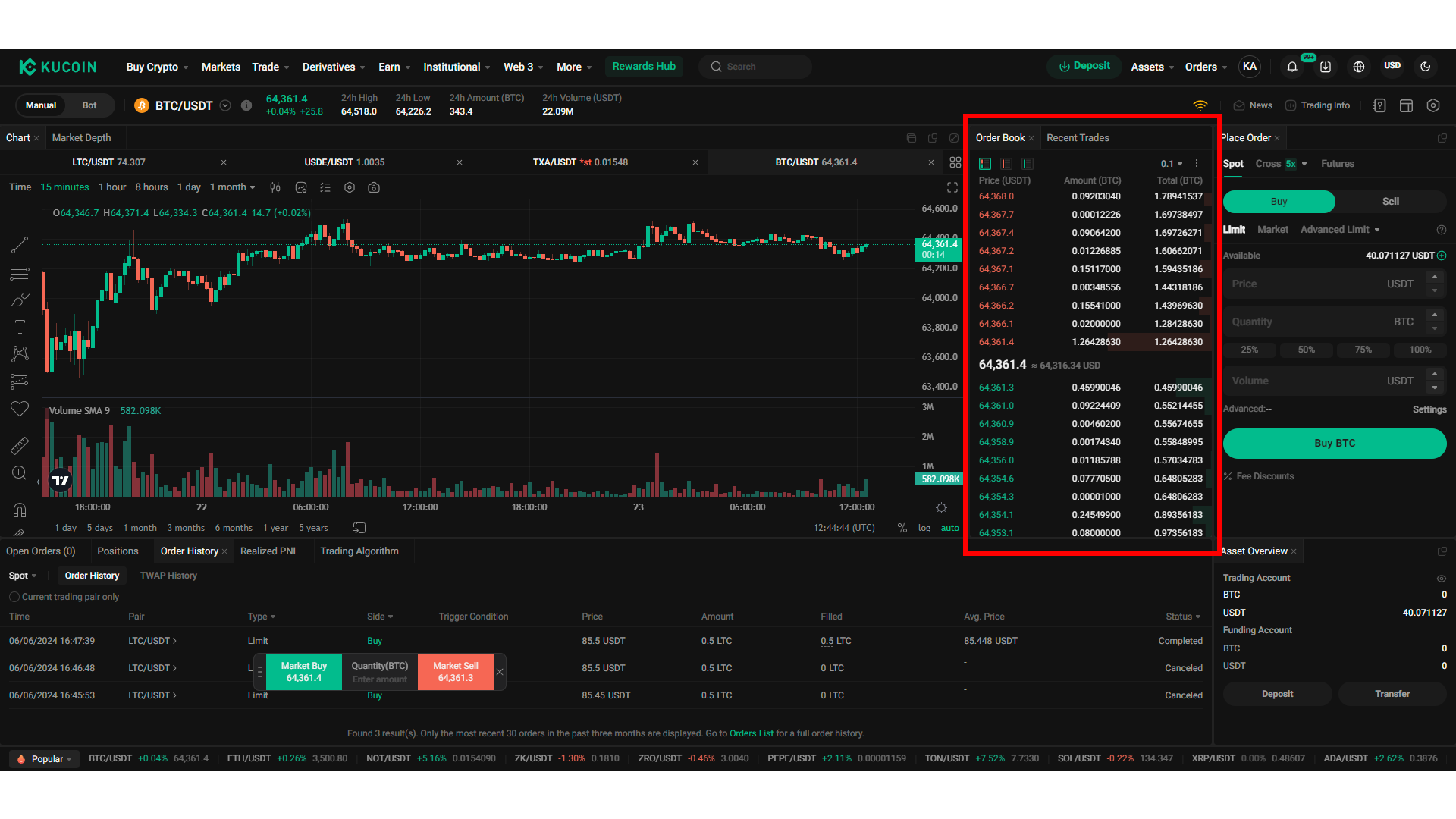 Il book degli ordini di KuCoin fornisce informazioni standard sugli attuali ordini di acquisto e vendita