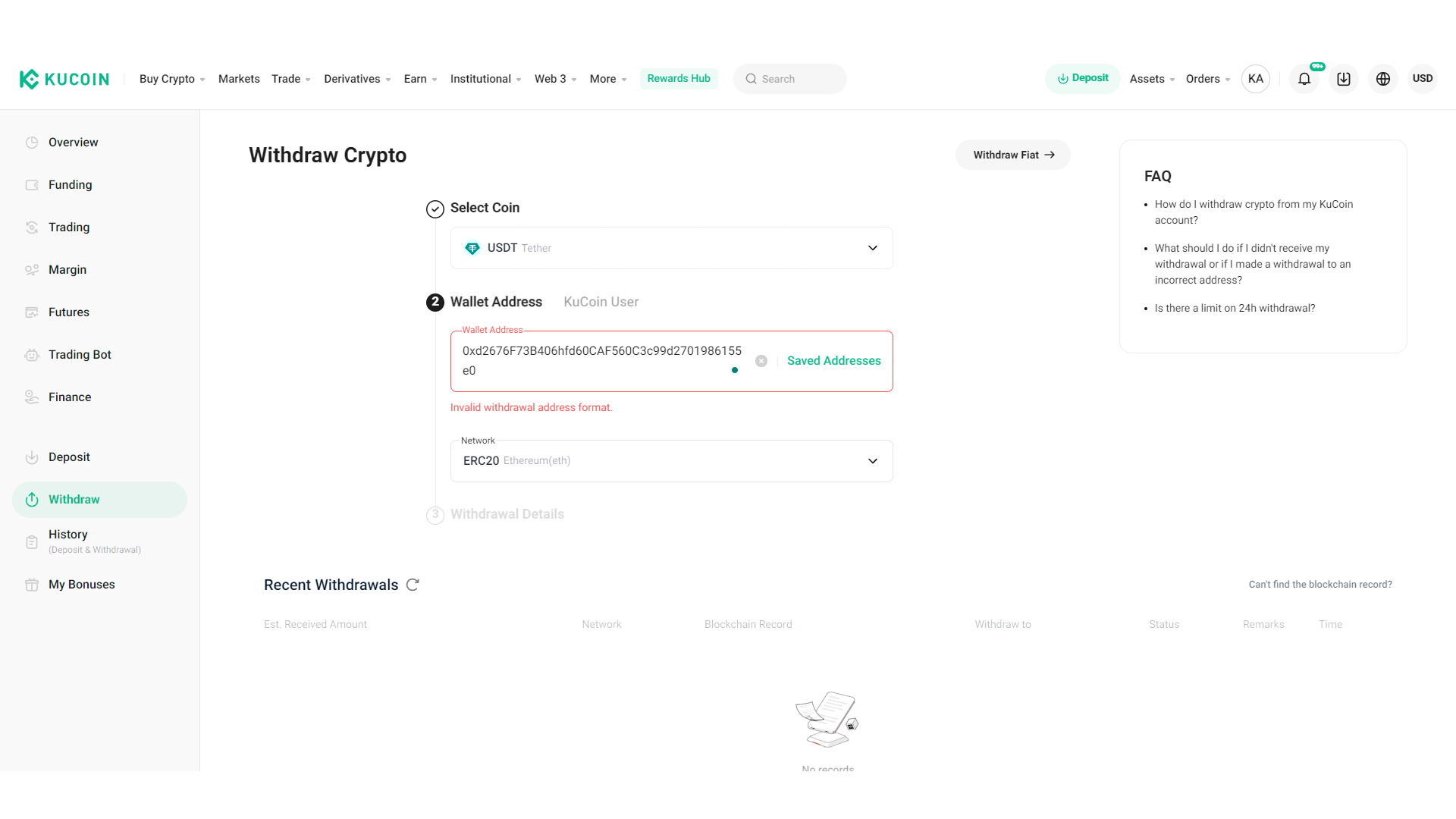 È impossibile prelevare fondi da KuCoin digitando l’indirizzo di un wallet inesistente