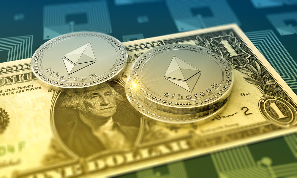 Cryptocurrency Ethereum with One Dollar Bill as financial concept.