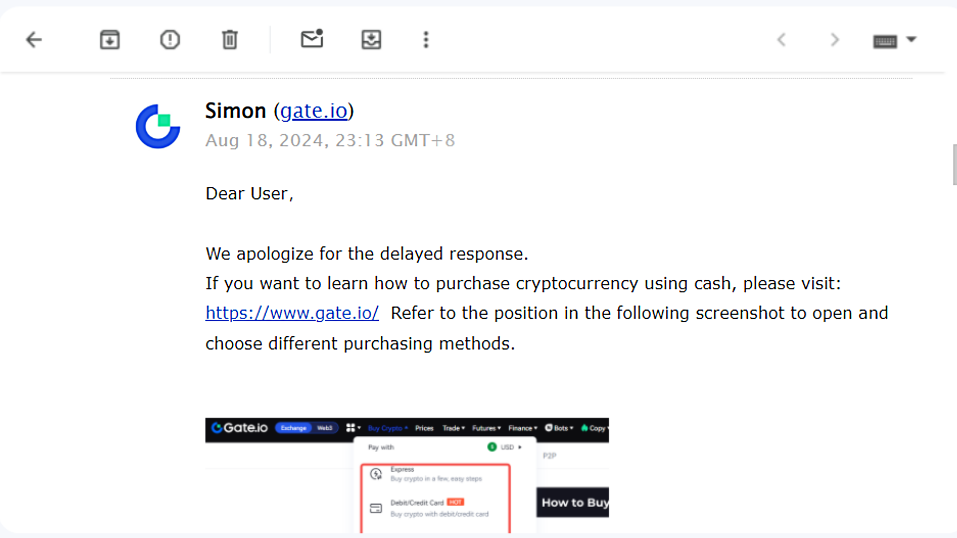Risposta del servizio clienti di Gate.io