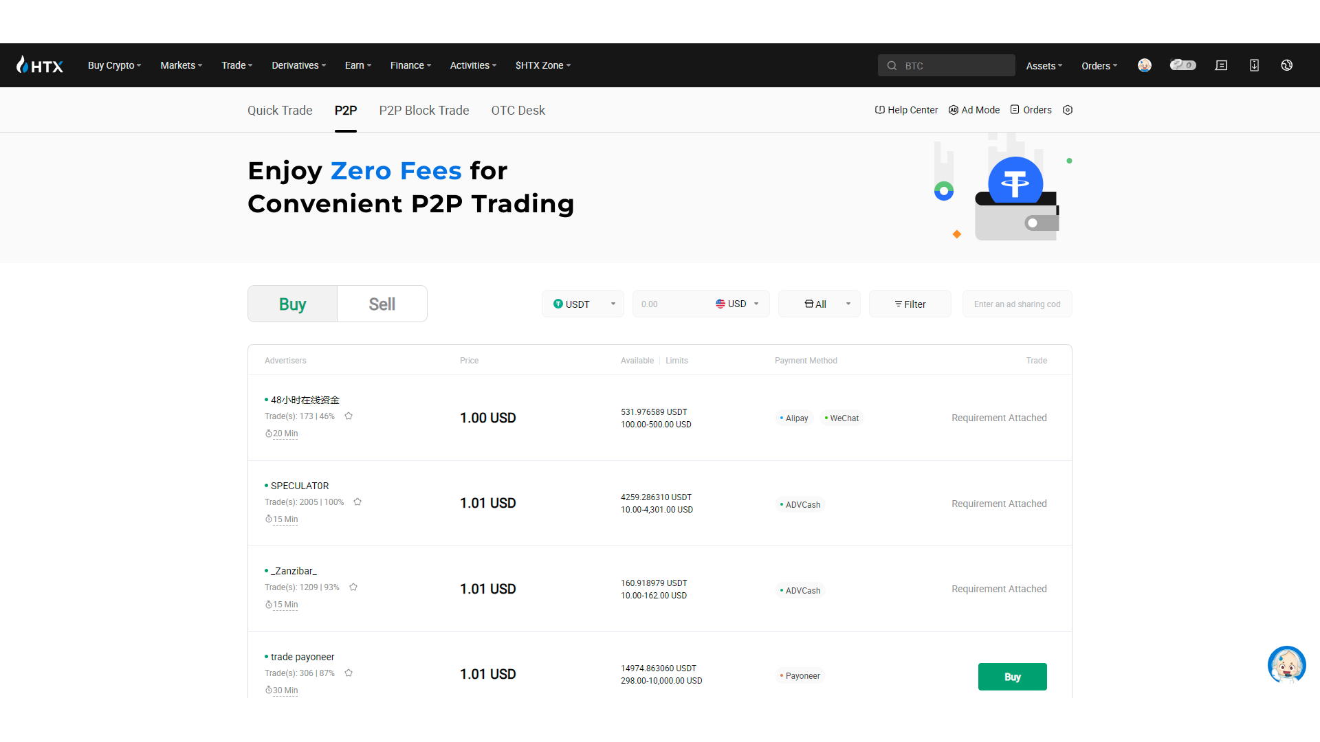 Interfaccia di trading P2P di HTX