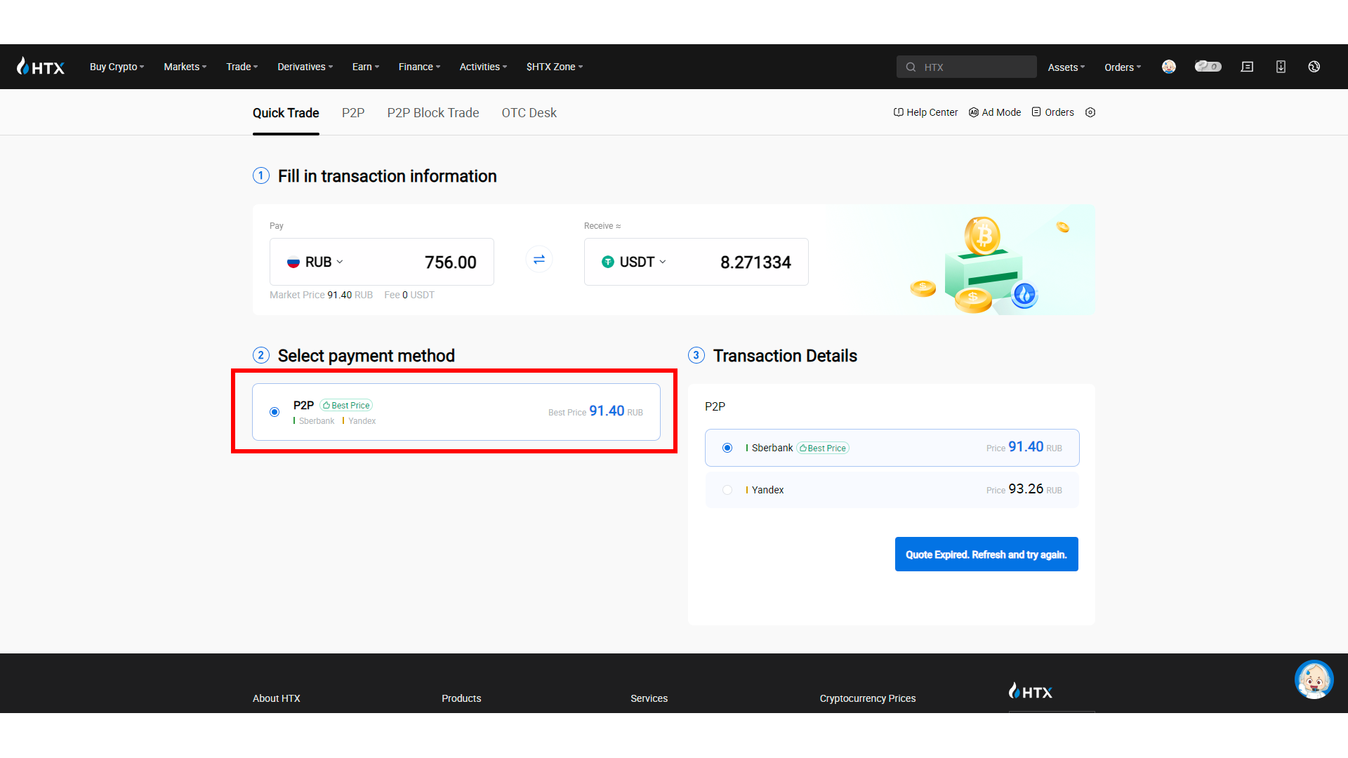 Invece dell’acquisto veloce, ho avuto accesso solo al servizio di trading P2P