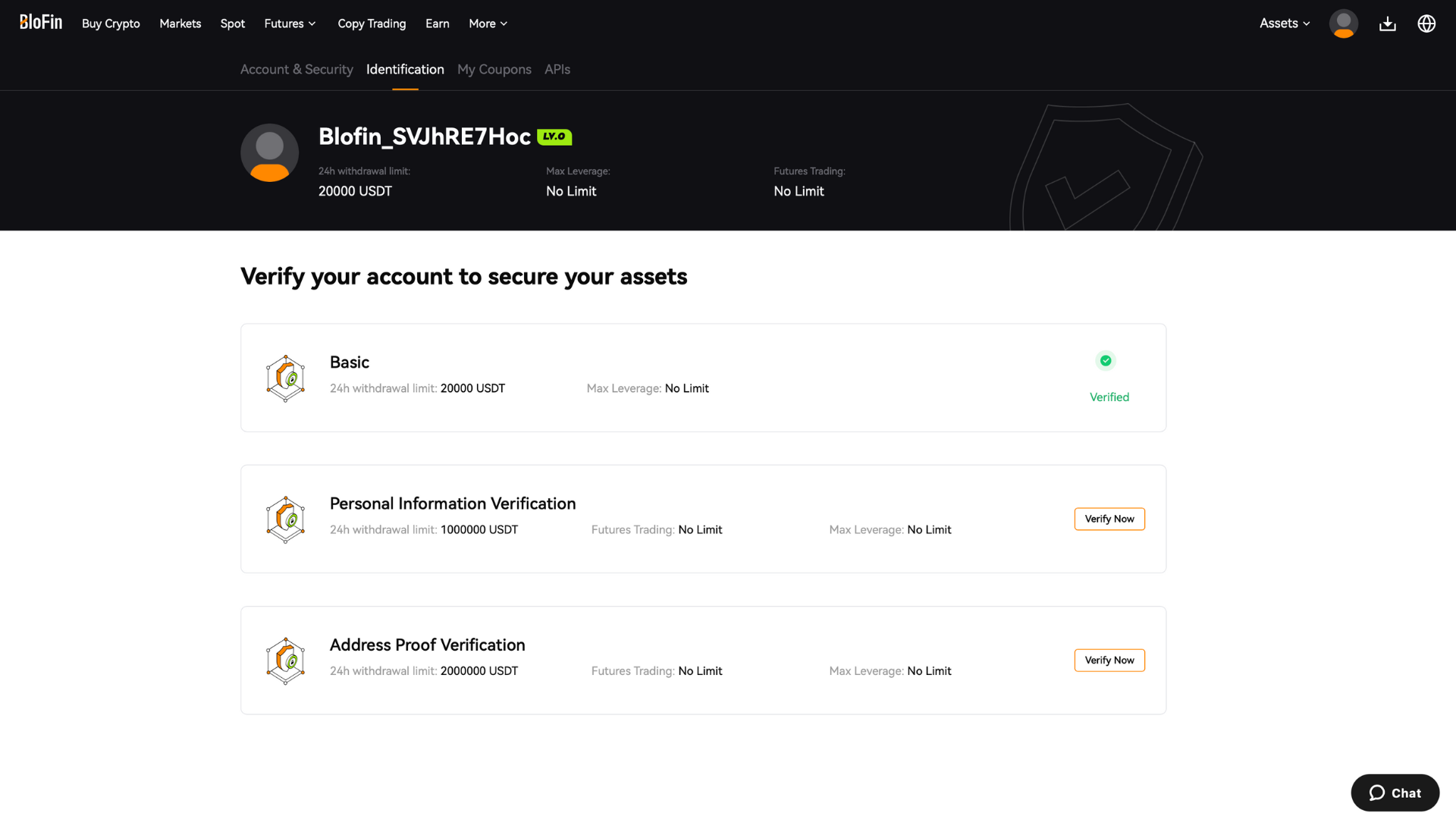 Pagina del KYC di BloFin