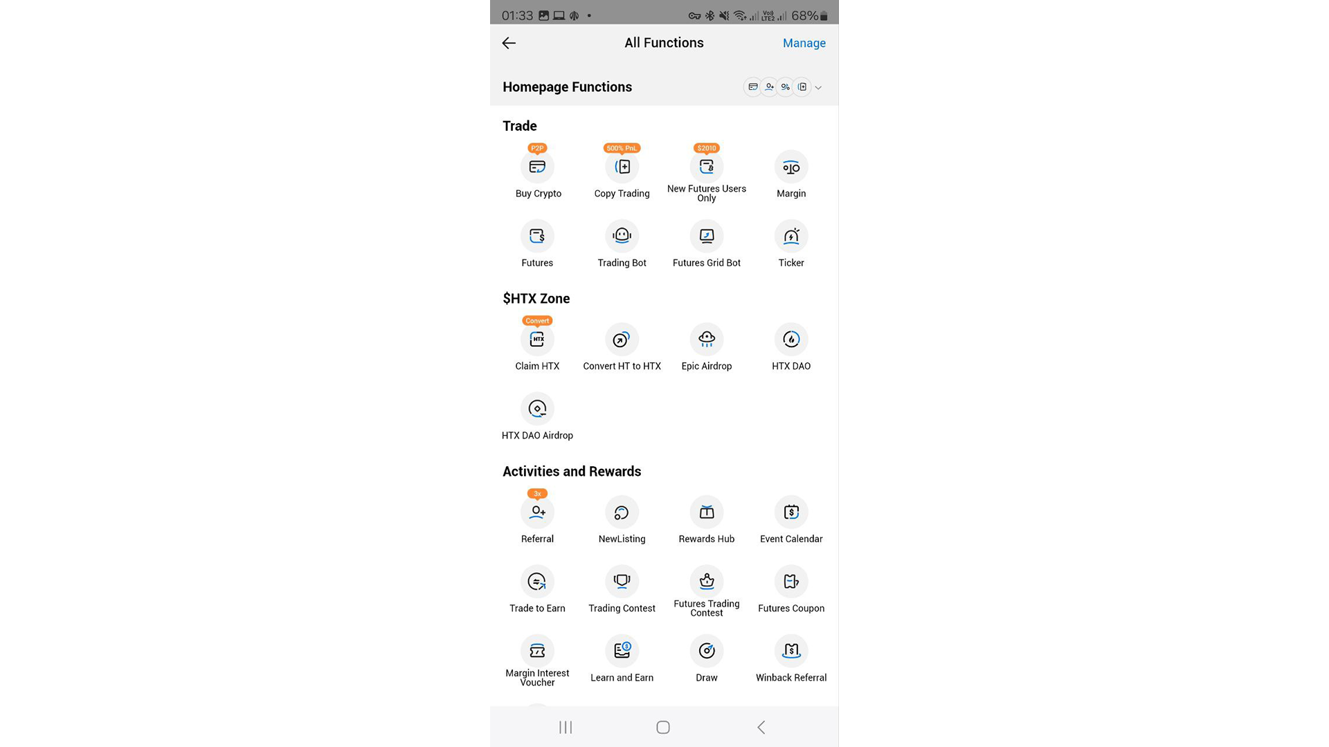Ho scoperto una pagina separata sull’app HTX con tutte le funzionalità e gli strumenti