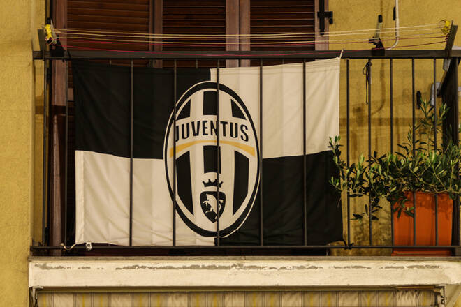 Juventus soccer team flag on a balcony