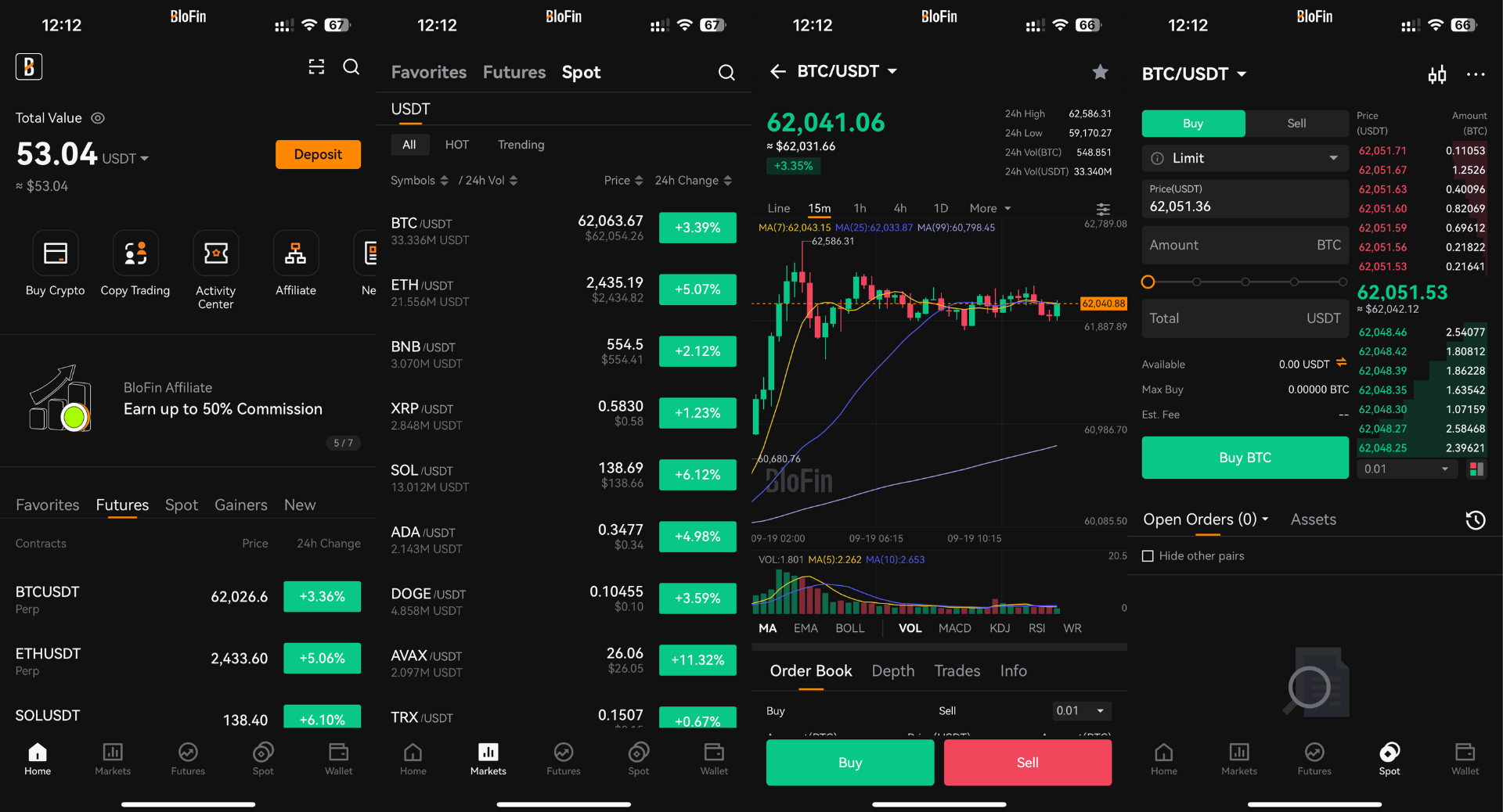 Interfaccia della piattaforma BloFin Mobile