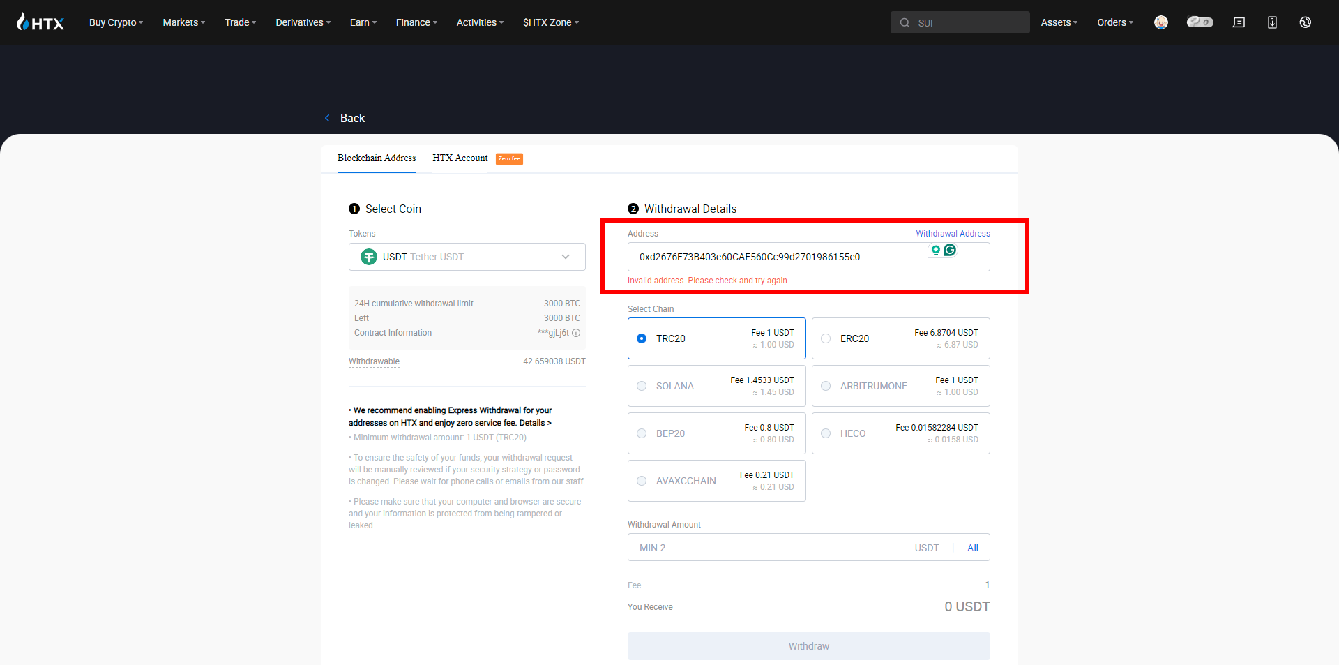 È impossibile inviare fondi da HTX ad un indirizzo di wallet inesistente