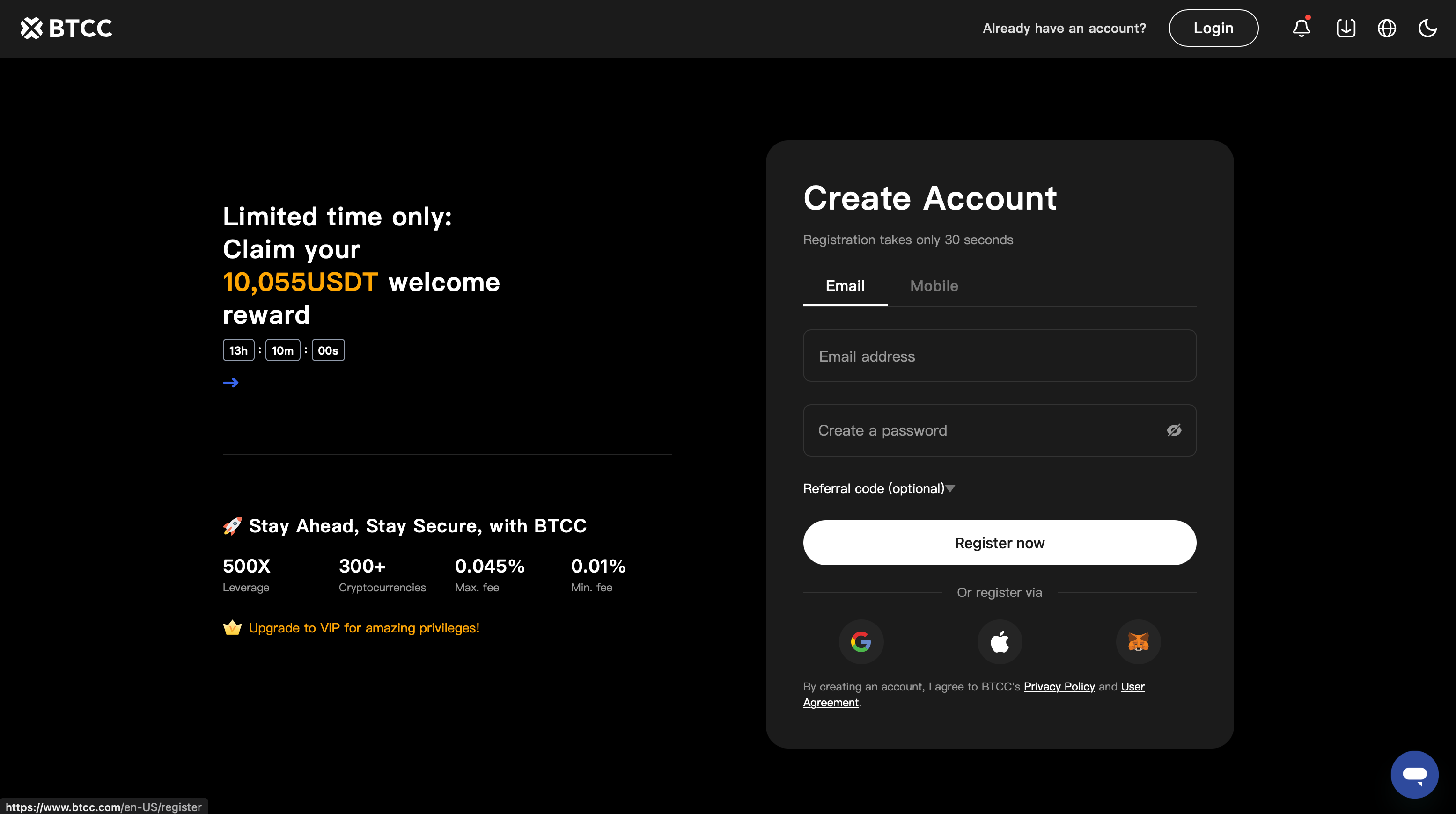 La pagina di registrazione su BTCC