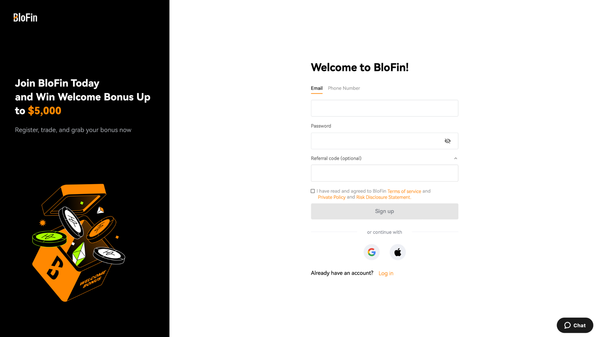Pagina di registrazione su BloFin