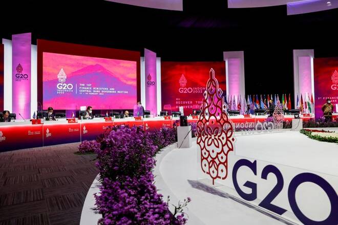 Il logo del G20 in occasione del meeting a Giacarta, in Indonesia