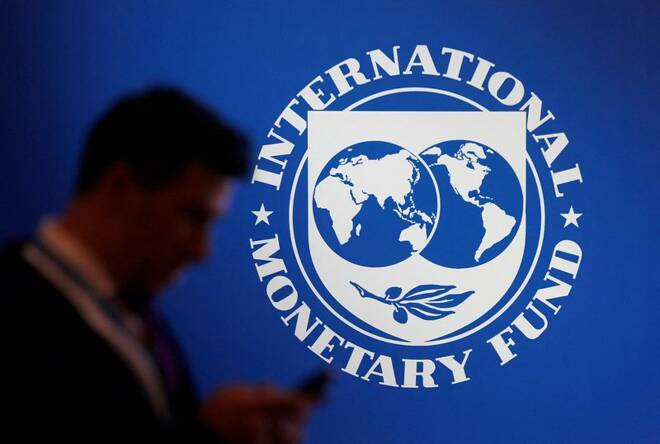 Logo del Fondo monetario internazionale ( FMI ) alla riunione annuale della Banca mondiale del 2018