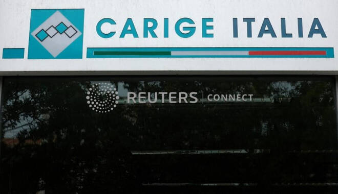 Il logo della banca Carige è visibile a Roma