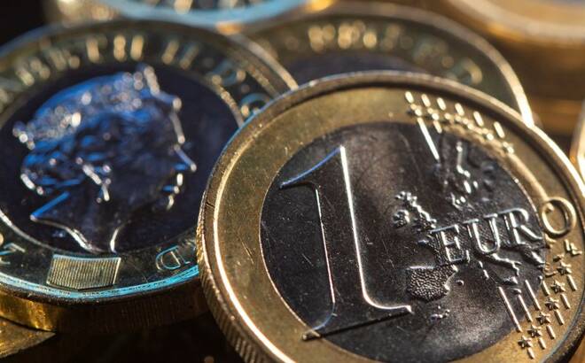 L'illustrazione mostra le monete da un euro e da una sterlina britannica.