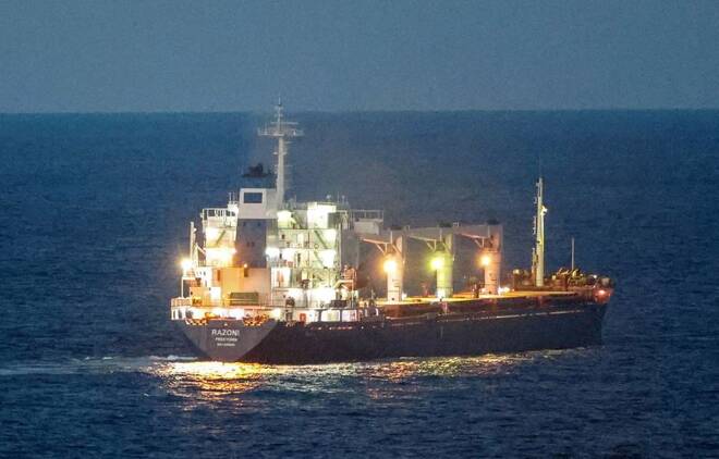 La nave cargo Razoni, battente bandiera della Sierra Leone, che trasporta grano ucraino nel Mar Nero al largo di Kilyos, vicino a Istanbul