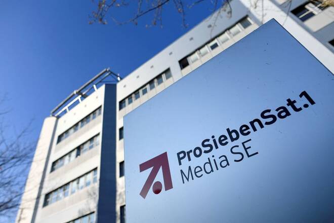 Il logo ProSiebenSat.1 presso la sede a Unterfoehring, vicino Monaco