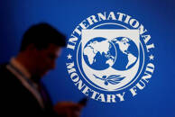 Il logo del FMI durante la riunione del 2018 del Fondo Monetario Internazionale