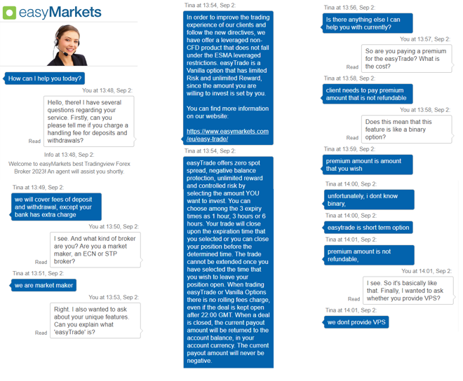 La mia conversazione con il team di assistenza di easyMarkets