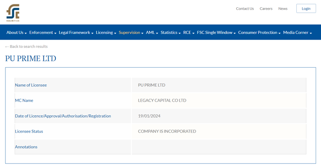 Informazioni sulle licenze di PU Prime Ltd su fscmauritius.org